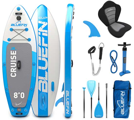 Kids Bluefin Cruise Junior Inflatable SUP Package with Pump, Kayak Seat, Paddle, Backpack, Leash and Fin