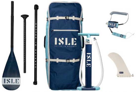 ISLE Pioneer SUP Accessories: High Pressure Air Pump, 3-Piece Adjustable Paddle, Coiled Leash, Removable Fin