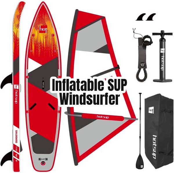 Inflatable SUP Windsurfer Package for Both Paddleboarding and Windsurfing. Includes Detachable Sail, High pressure Air Pump, SUP Paddle, Travel Bag and more